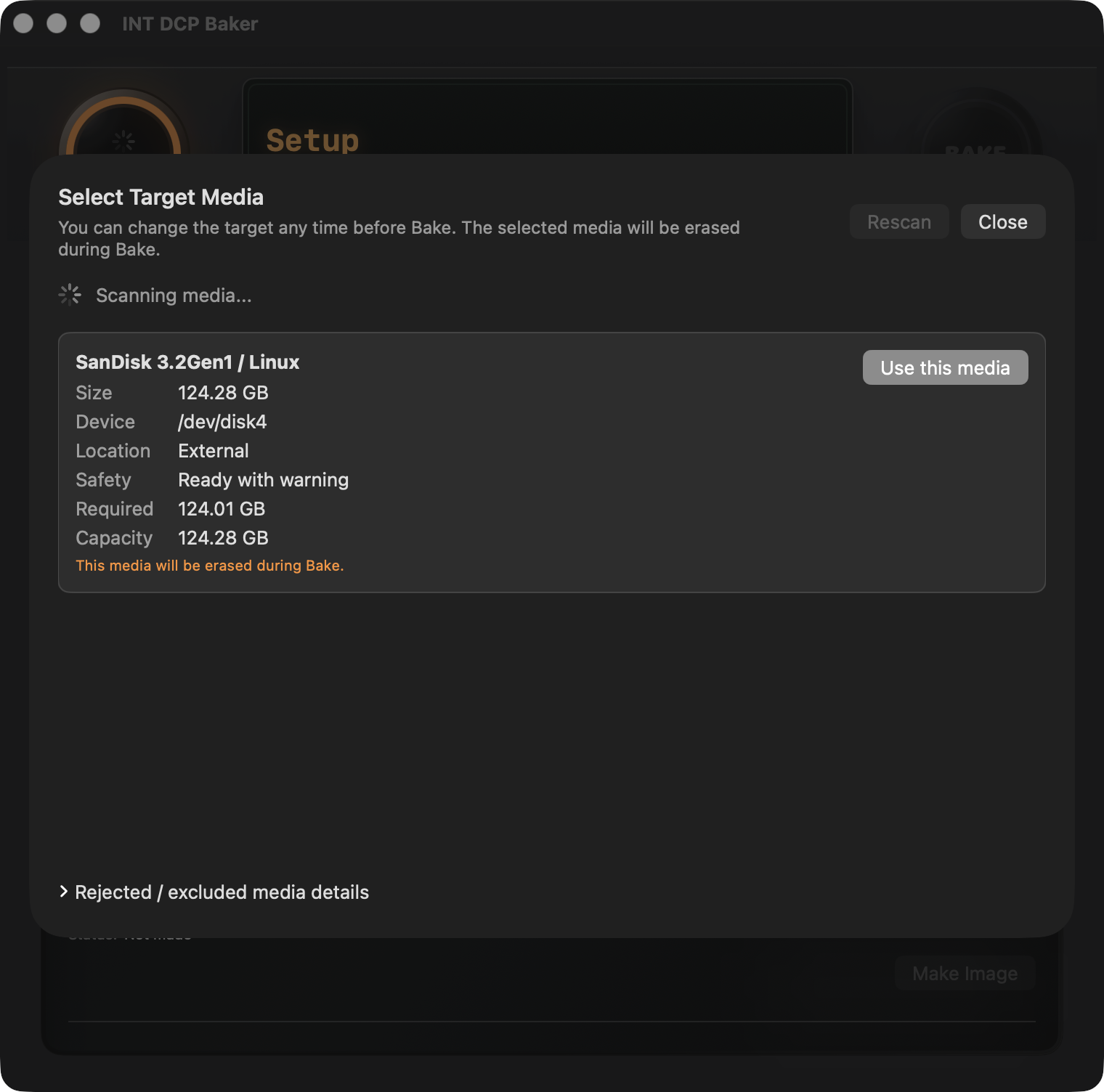 Select Target Media screen